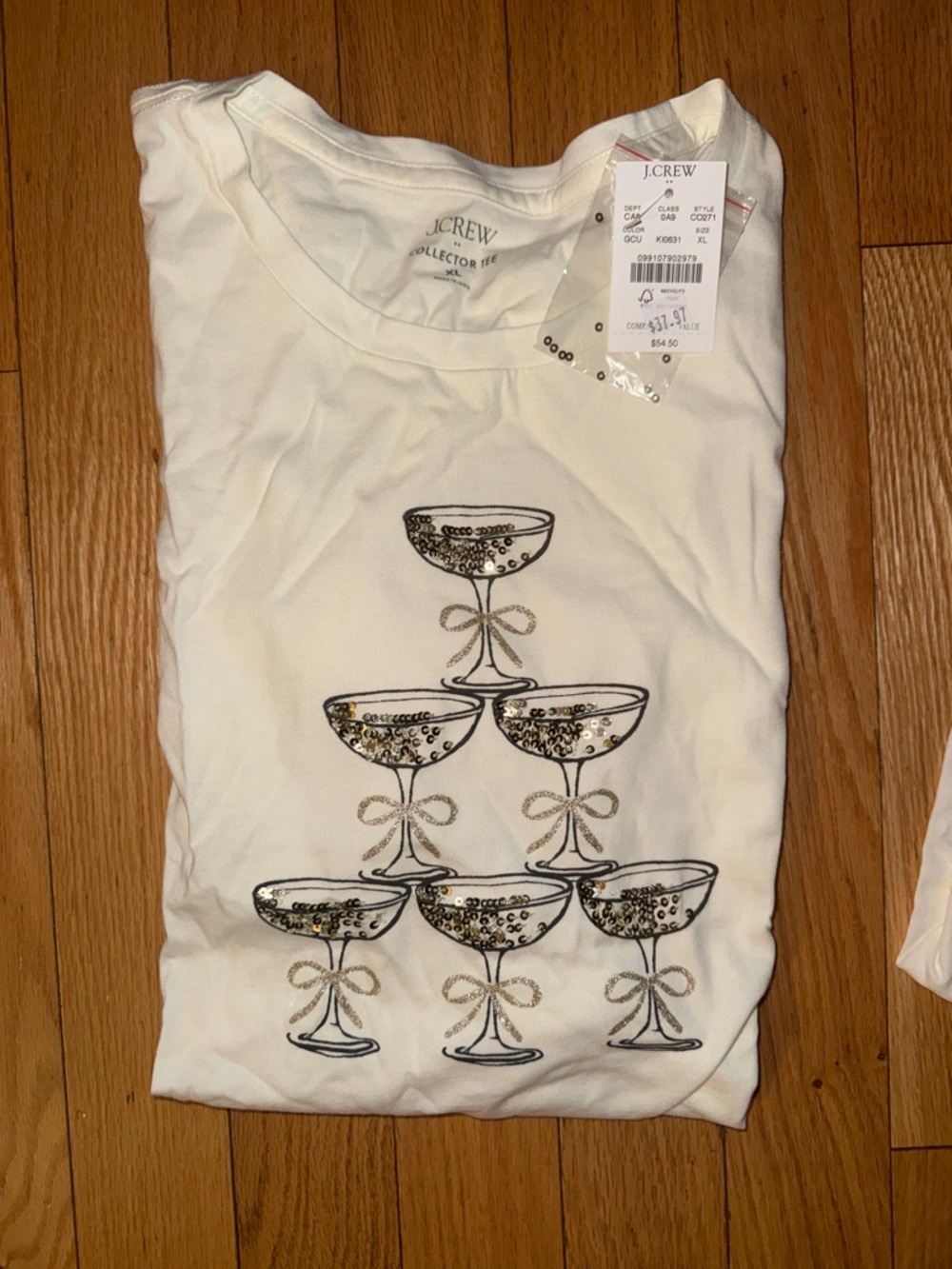J. Crew White Tee with Gold Sequin Champagne Glass Pyramid